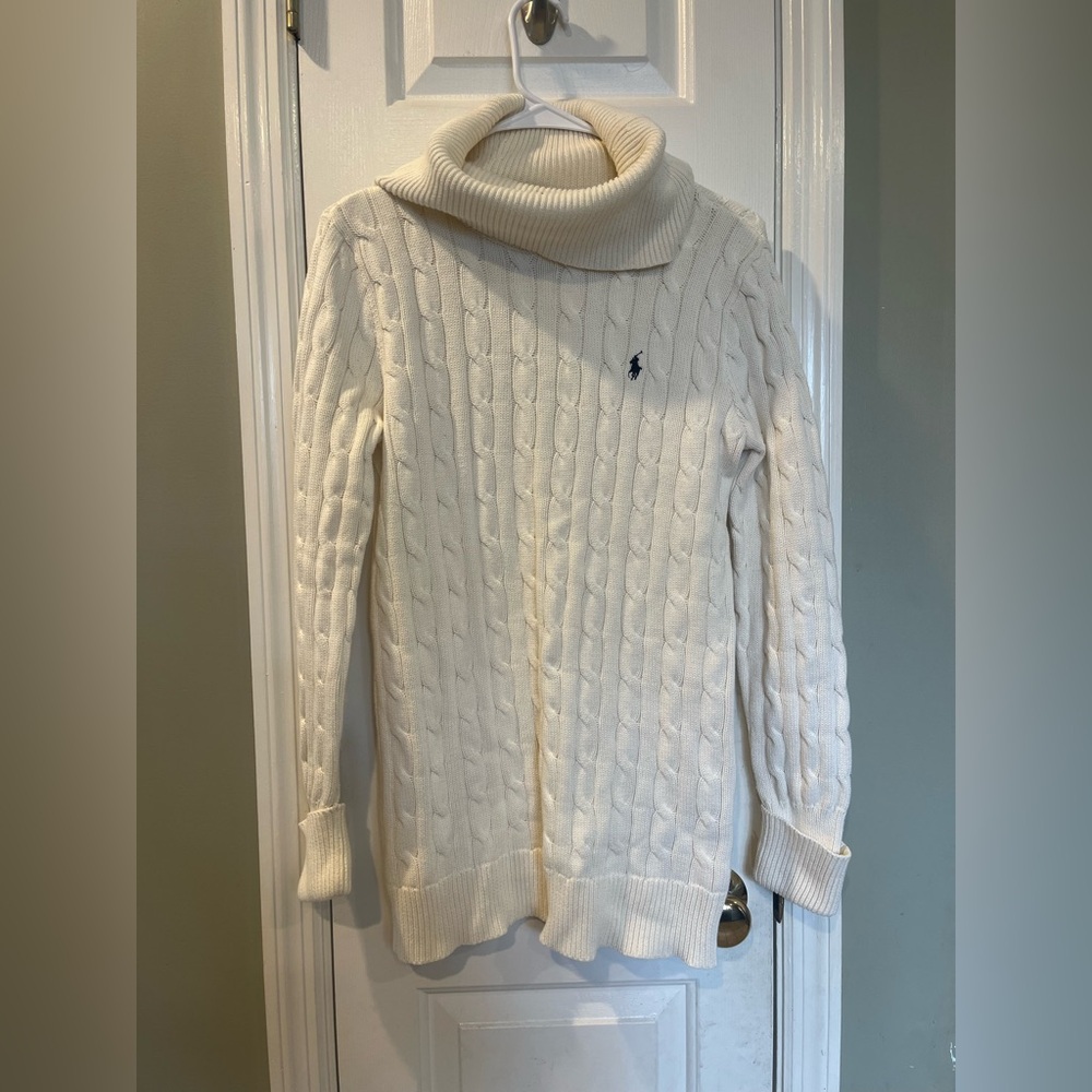 Y2K Ralph Lauren‎ Sport Ivory Cable Knit Turtleneck Sweater Dress Size M b6